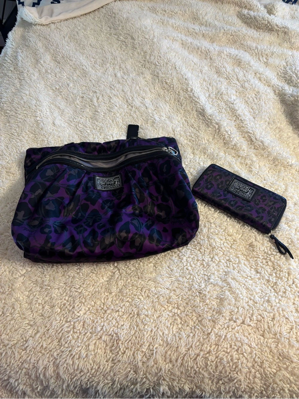 Coach Purple Leopard Print Wristlet and Clutch Set